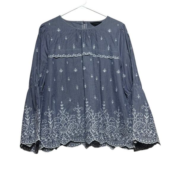 J.Crew Tops - J Crew Women’s Bell Sleeve Embroidered Blouse In Striped Poplin Blue White Large